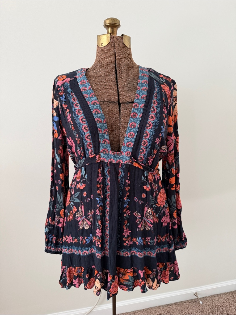 Free People Navy Floral V-Neck Long Sleeve Mini Dress